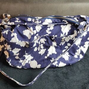 Lands End Floral Print Crossbody Bag Navy White Adjustable Strap Gold Hardware